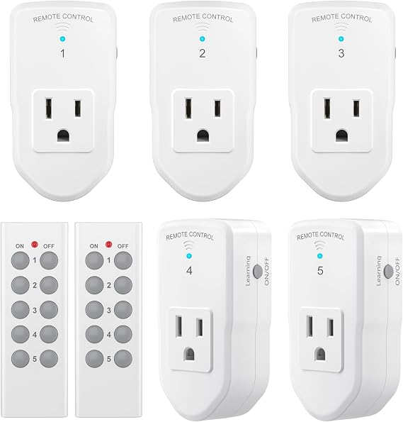 BN-LINK Wireless Remote Control Outlet Electrical Switch for Lights, Fans, Christmas Lights, Small Appliance, 100ft Long Range White (Learning Code, 5Rx-2Tx) 1200W/10A, ETL & FCC Certified
