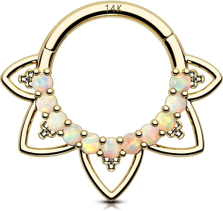 OUFER 16G Daith Piercing Jewelry, 14K Solid Gold Earrings, Clear CZ Design Hoop, Helix Cartilage Septum Piercing