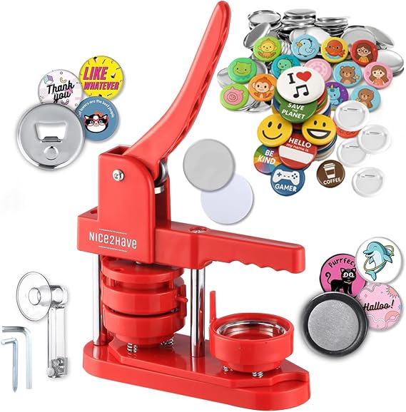 Button Maker Machine 2.25 Inch Pin Maker Kit - Single Mold, 100 Buttons, 5 Fridge Magnets, 5 Bottle Openers, Cutters, and 500+ Button Designs for DIY Crafts (Red)