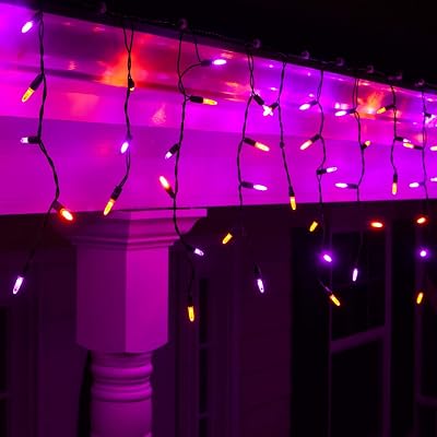 Wintergreen Lighting 70 Purple and Orange Mini LED Halloween Icicle Lights, 7 ft Black Wire IndoorOutdoor Commercial Grade Party, Yard Decor & Outdoor Decorations