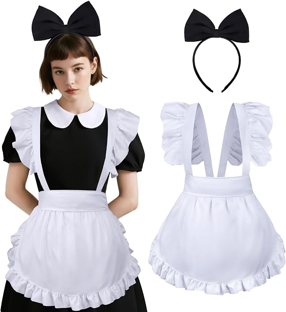 White Apron for Women Maid Apron with Bow Headband Set for Halloween Theme Party | Lightweight Breathable Polyester with Lovely Ruffles| Adjustable Straps Fit Most Sizes| Ideal for Cosplay, Daily Wear