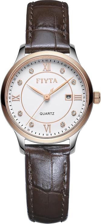 FIYTA Classic Series Watch Woman's Quartz Watch Date Display Female Casual Wrist Watch with Brown Leather Strap White dial