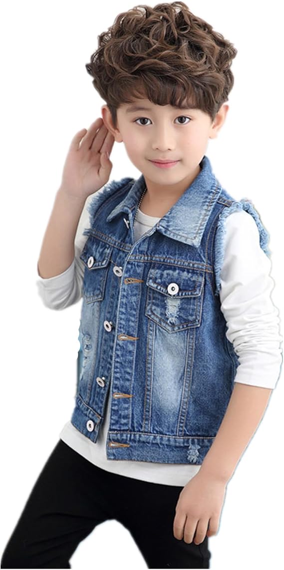 Kids Boys Denim Jacket Vest Sleeveless Turn-down Waistcoat Button Closure Jean Outerwear