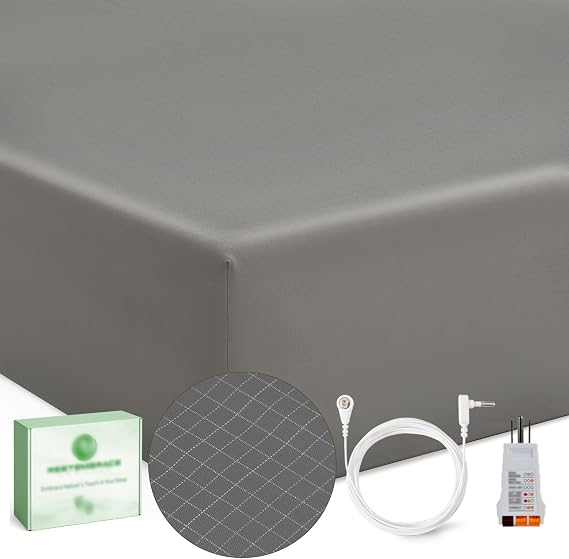Grounding Sheets King 20% Silver Fiber 80% Organic Cotton with Outlet Tester and Test Pen, Grounded Bed Sheet Kit Earth Connected Bedding Sheet Gray King STL2