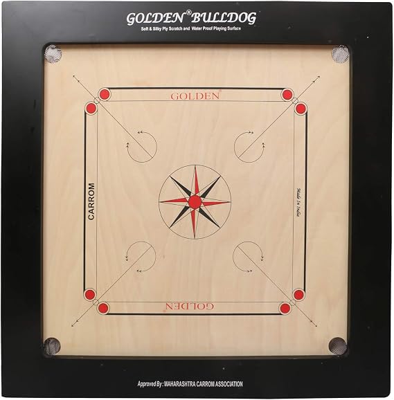 KD Golden Carrom Board Game Board Champion Bulldog Jumbo Indian Ply Wood Board with Coin, Striker & Cover, AICF Approved Used in National & International Tournament (36mm, Jumbo)