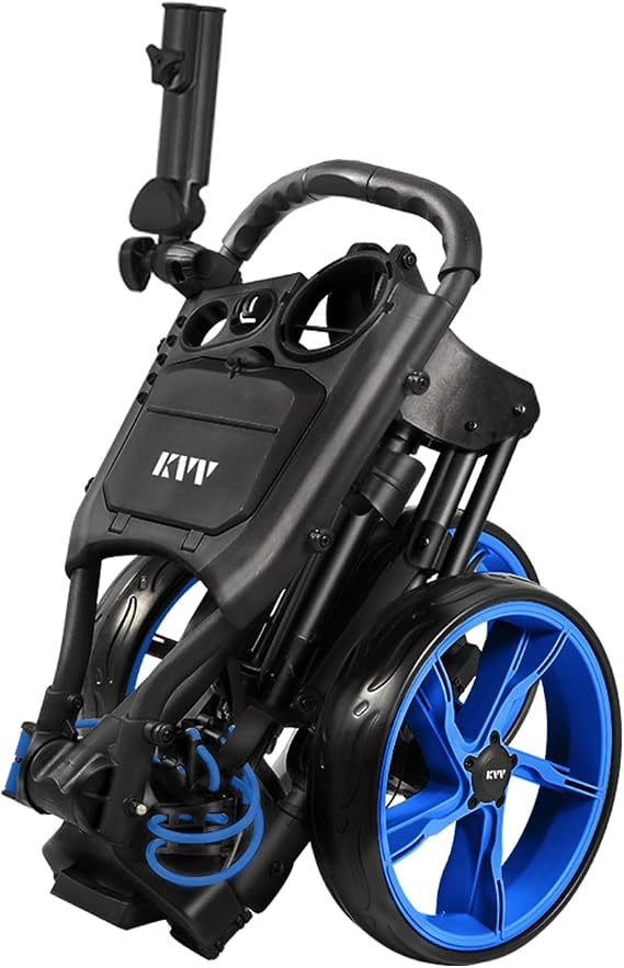 KVV 3 Wheel Foldable/Collapsible Golf Push Cart Ultra Lightweight Smallest Folding Size, New-Version Scorecard Holder Free Umbrella Holder Included(Black/Blue)