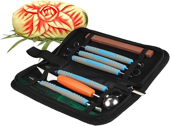 9 PCS Food Carving Tools Kit with Storage Bag, Culinary Carving Peeling Tools Garnishing Cutting Slicing Tools for Vegetables, Fruits, Ice Cream,Blue