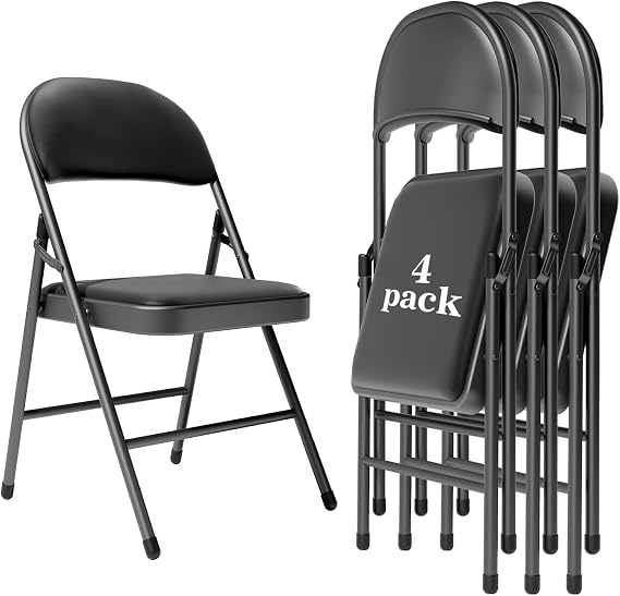 4 Pack Black Folding Chairs with Padded Cushion,Metal Frame,350lbs