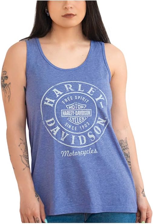 Harley-Davidson Women's Silver Metallic High-Low Sleeveless Tank Top - Blue