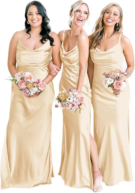 Women's Satin Bridesmaid Dresses for Wedding Long Spagheti Straps Cowl Neck Formal Evening Gown with Slit