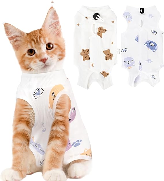 2PCS Cat Recovery Suit for Abdominal Wounds or Skin Diseases, Brown Bear & Blue Cat Cat Onesie for Cats After Surgery Female Kitten Recovery Suit, Breathable E-Collar Alternative