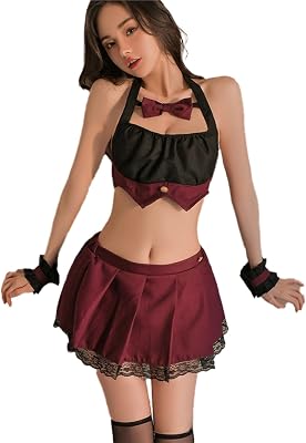 GRAYDREAM Lingerie for Women Naughty,Sexy Pure Desire Hollow Halter JK Student Pleated Skirt Uniform Suit Red