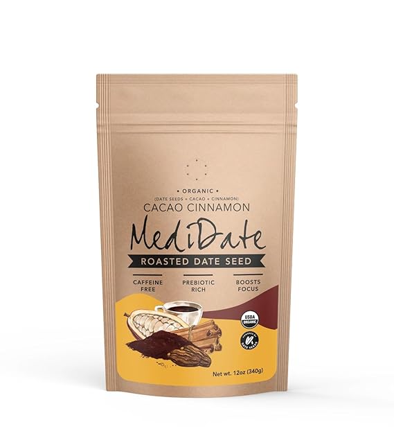 MEDIDATE Coffee Alternative - Roasted Date Seeds + Cacao + Cinnamon - Naturally Occurring Prebiotics | Polyphenols | Caffeine & Acid Free (12 oz. / 25 Servings)