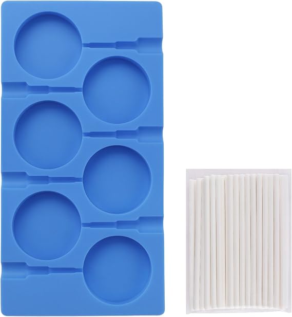 Beasea Large Lollipop Mold, 6 Cavity Silicone Lollipop Molds, Sucker Molds Hard Candy Molds for Chocolate Candy Ice Lollipop Ball Molds Kitchen Tray with 50 Lollipop Sticks - Blue