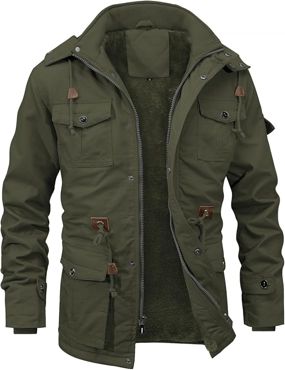 INVACHI Men's Thick Winter Jacket With Hood,Fleece Lining Cotton Military Jackets,Work Coats with Multiple Pockets