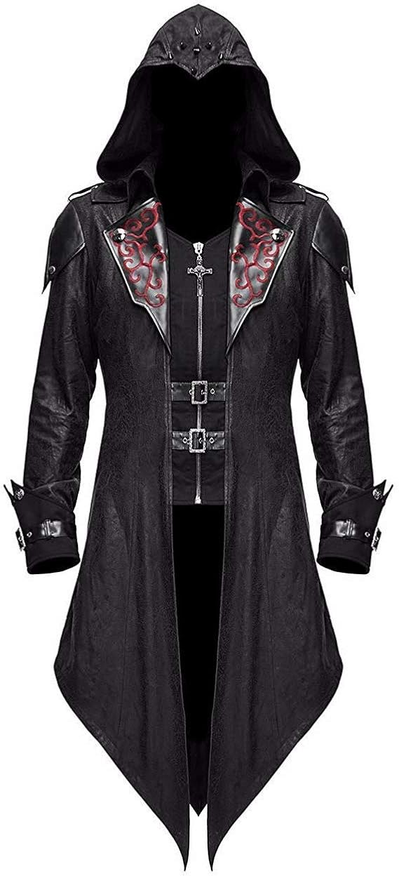 Men's Steampunk Gothic Hooded Leather Jacket Coat Halloween Cosplay Stage Performance Costume