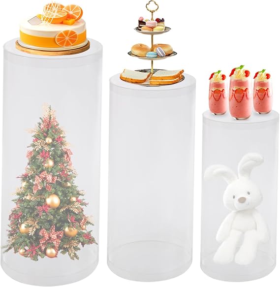 White Round Cylinder Pedestal Stands Display, Set of 3 Pedestal Display Round Cylinder Stands, Plinth Pillars for Wedding Party Decor Large Cylinder Tables for Parties (3pcs)