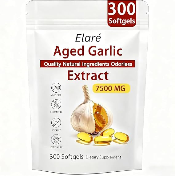 Elare Aged Garlic Extract, Organic Garlic Capsules Supplement, Potent Heart & Immune Support Supplement, Non-GMO, Odorless Formula, 300 Softgels