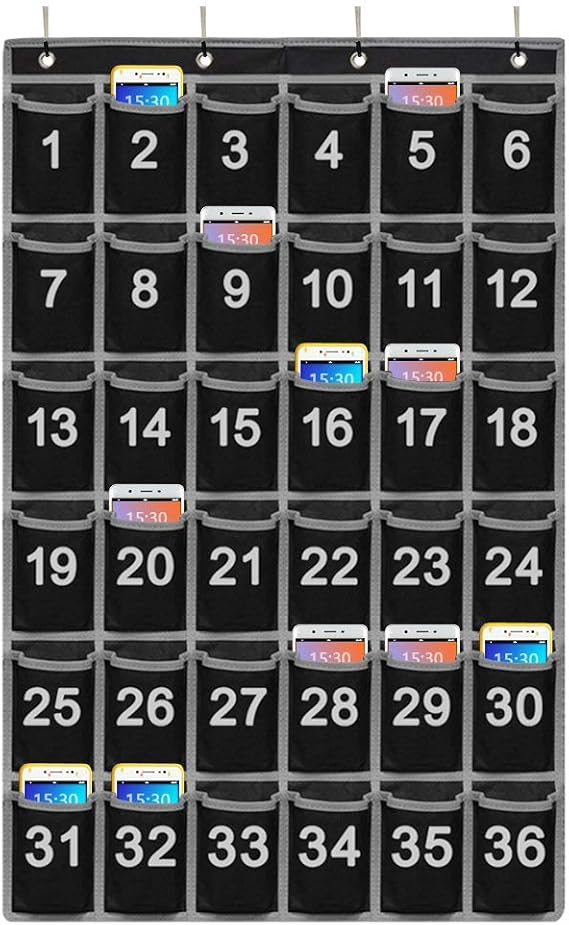 Numbered Classroom Pocket Chart for Cellphone and Calculator Holder, 36 Hanging Wall or Door Organizer