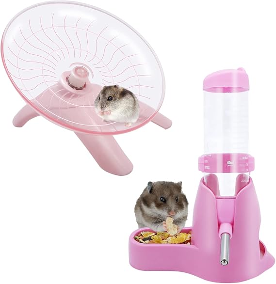 2 Packs, Hamster Water Bottle + Hamster Wheel Hamster Flying Saucer for Dwarf Hamsters Gerbil Mice