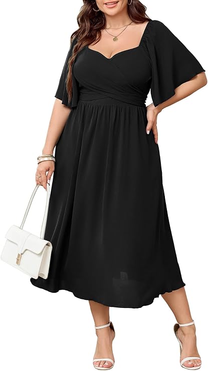 SHESTARR Women's Plus Size Midi Dress Sweetheart Neck Short Sleeve Wedding Guest Cocktail A Line Flowy Dress