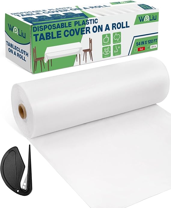 Plastic Table Cloth Roll 54 Inch x 120 Feet White Disposable Tablecloth, Table Cover with Cutter for Weddings, Christmas, Thanksgiving, Banquets, Parties