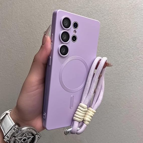 Fashion Liquid Silicone Case for Samsung Galaxy S25 Ultra S25 Plus S21 S22 S23 S24 Ultra Lens Film Wrist Strap Cover(for Samsung S25Ultra/Purple GS)