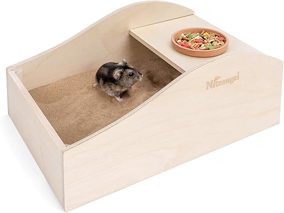 Niteangel Hamster Sand Bath Dust Free Box - Wooden Critter's Shower & Digging Sand Bathtub for Small Animals Like Hamsters Mice Lemming or Gerbils (Medium-11.8-inch L x 7.8-inch W)