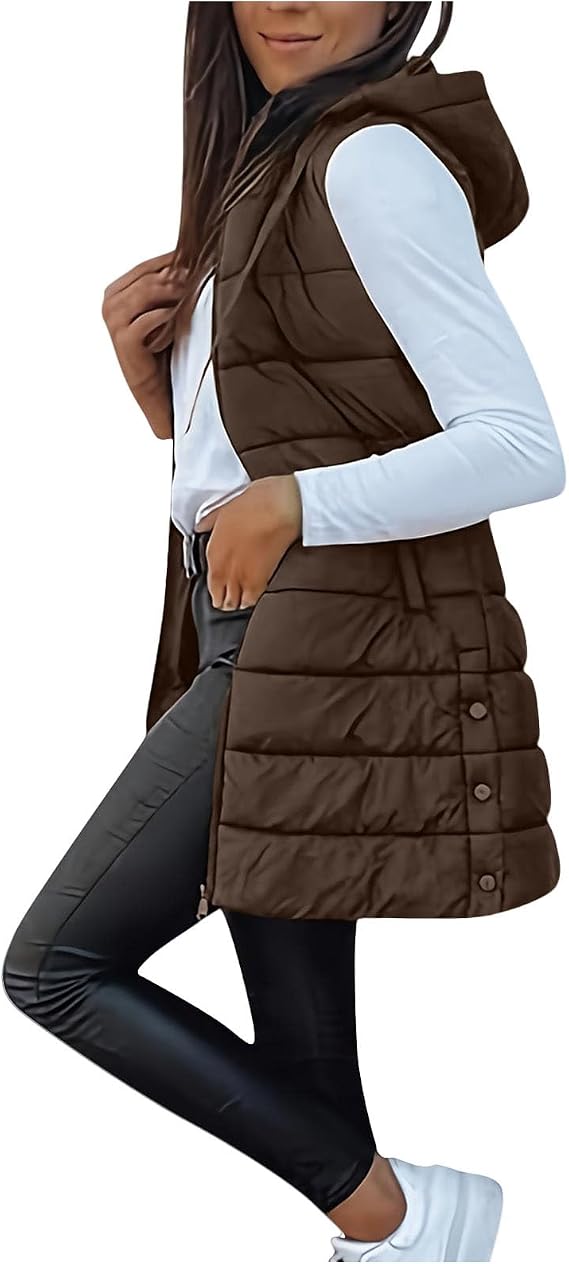 OPHPY Long Puffer Vest Women Lightweight Sleeveless Hooded Puffy Jacket Mid Length Qulited Gilet Outerwear Fall Winter Coats