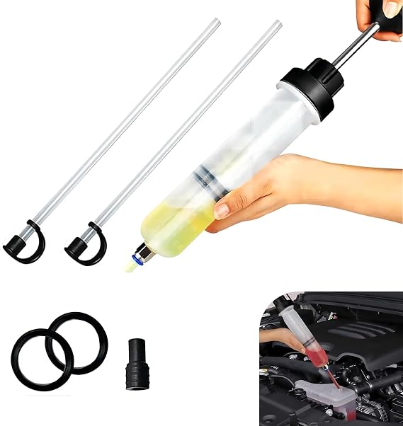 Power Steering Fluid Extractor, 200CC Manual Extraction Liquid Pump, Transmission Oil Suction Pump with 2 Hoses, Universal Oil Syringe for Most Cars (White)