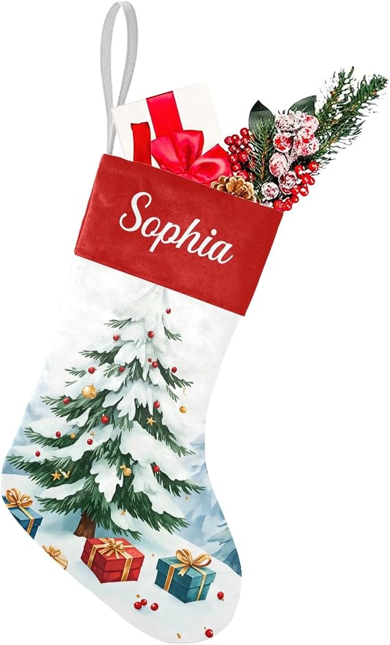 Personalized Name Christmas Tree Snow Christmas Stockings Text Custom Xmas Holiday Pup Dog Gift Decor 17.52 x 7.87 Inch