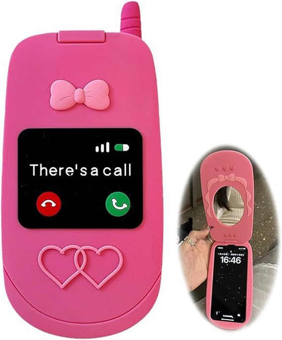 15 Pro Max Case 15ProMax Case Silicone Phone Case with Mirror Pro Cover Silicone Phone Cover Cute Flip Phone Shape Retro Flip Smartphone Case Case Bumper Case FT Rubber for Women Pink,iPhone