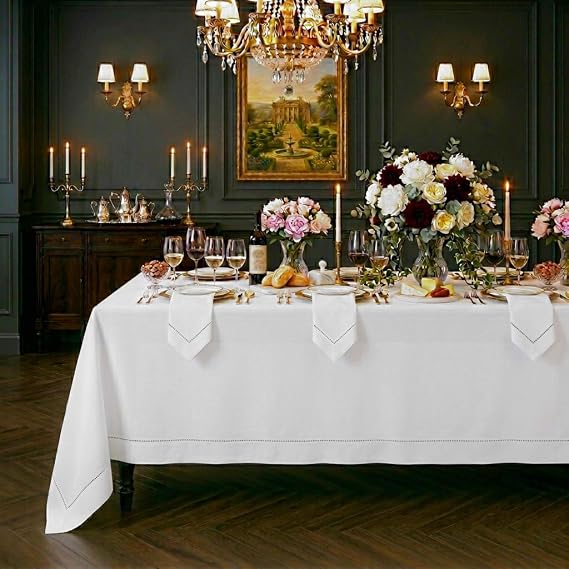 Signature LinenTM by D'Moksha White Tablecloth, Rectangle Tablecloth 60 x 144 Inch, 100% Pure Linen, Hemstitch, Machine Washable, Long Table Cloth for Dining- Fall, Weddings, Outdoor hostings
