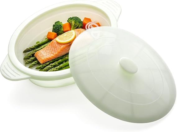 Microwave Steamer Cooker Collapsible Bowl Silicone Baked Potato Cookware with Handle Lid for Vegetables Fish Prep Meal Food with Removable Rack BPA Free Easy to Store Freezer Dishwasher Safe Aqua