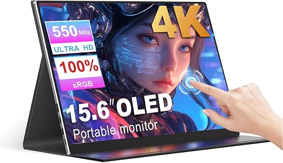 15.6" Portable Monitor Touchscreen 4K OLED 3840X2160 100000:1 10-Point Touch Screen Gaming Monitor, with Protective Cover, HDMI USB C Travel Monitors for Computer, Mini PC, PS5/4
