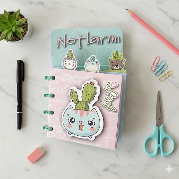 Notlarım Sevimli Hayvan Temalı Xoox Spiralli Mini Bloknot, Çıkarılabilir Renkli Sayfalar, Pastel Tonlarda Dekoratif Tasarım (Kedili Kapaklı Model)