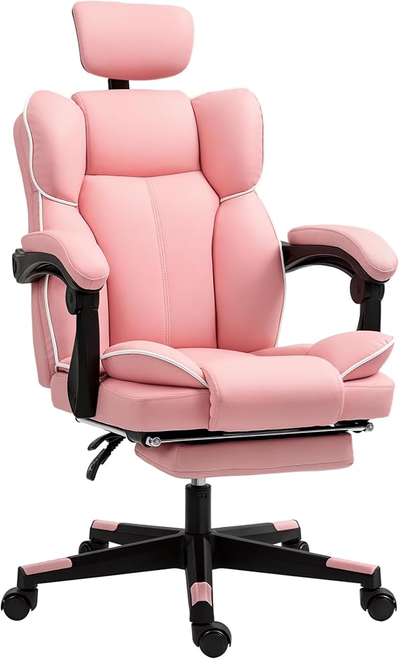 HOMCOM Executive Office Chair, Overstuffed PU Leather Reclining Computer Chair with Foot Rest, Headrest, Swivel Wheels for Home, Pink