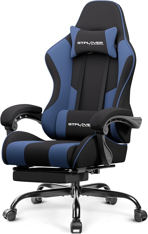 GTPLAYER Gaming Chair, Computer Chair with Footrest and Lumbar Support, Height Adjustable Game Chair with 360-Swivel Seat and Headrest and for Office or Gaming (Blue, Fabric)