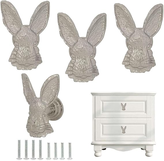 Bunny Drawer Knobs,Cute Rabbit Head Shaped Knob Pulls for Cabinet Dresser Armoire Bookcase Door Decor Easter Theme Home Furniture Vintage Knob Pulls 4PCS (Silver)