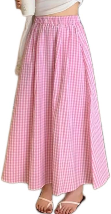 Long Plaid Skirts for Women Boho Maxi Skirt Elastic High Waist Dress with Pockets