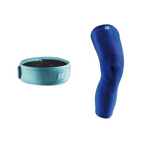 LP SUPPORT 667 Compression Sleeve Leg Full Length for Sports (Blue, Size L, Pack of 1) Bundle 760 Patella Strap (Azure, One Size, Pack of 1)