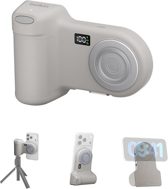 Belkin Stage PowerGrip, Manyetik Kablosuz Şarjlı Kamera Tutacağı 9300mAh, Geri Çekilebilir USB C Kablolu Taşınabilir Şarj Cihazı, Bluetooth Bağlantı, Tripod Uyumlu, LCD Ekran, iPhone ve Pixel için