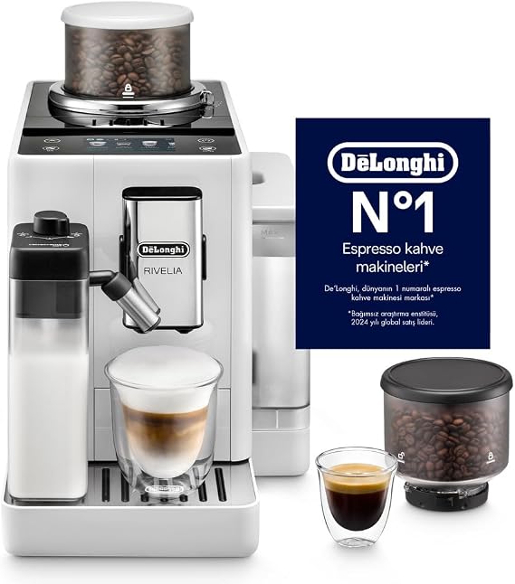 De'Longhi Rivelia EXAM440.55.W, Tam Otomatik LatteCrema Kahve Makinesi, Otomatik Süt Köpürtücü, Kompakt Boyut, Fasulyeden Bardağa Kahve Makinesi, 16 Tarif Renkli Dokunmatik Ekran, Kutup Beyazı