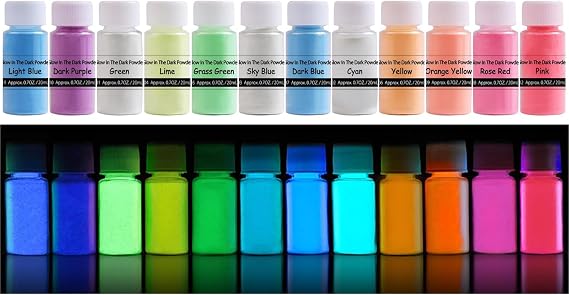 SElSSO Glow in The Dark Pigment Power, Christmas, Halloween, Party Gifts for Epoxy Resin,Fine Arts, DIY Crafts, Nail Art, 12 Colors, 20g Each, Safe and Long Lasting