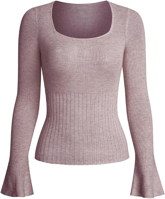 Sweaters for Women Square Neck Ribbed Long Flare Sleeve Slim Knit Women Tops Stretch