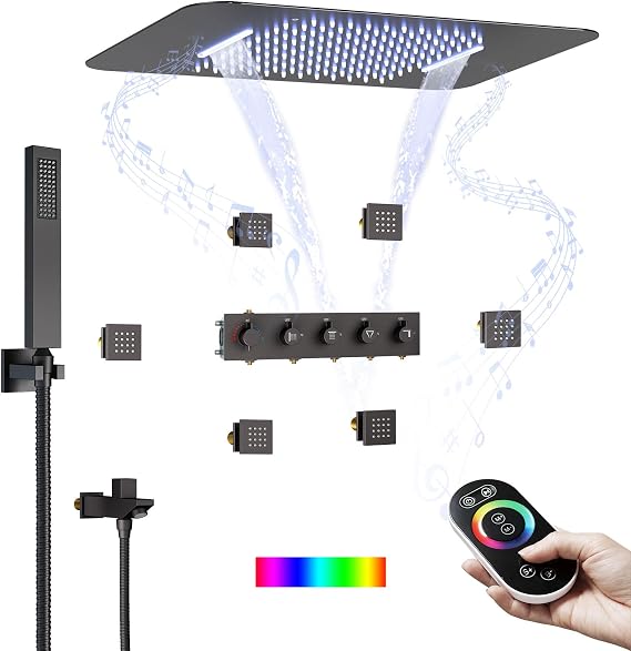 Shower System with Body Jets, 23" Thermostatic Shower System with 6 Body Spray Jets, Full Body Shower Jets System, Smart Ceiling Mount Shower System, Matte Black