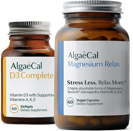 AlgaeCal Magnesium RelaxTM - Chelated Magnesium with Ashwagandha for Sleep & Occasional Anxiety and AlgaeCal D3 Complete - ADEK Vitamin