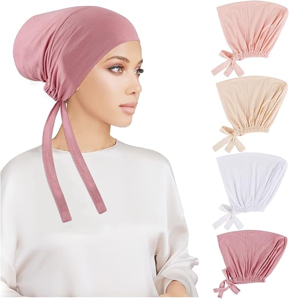 PHOGARY 4 Pcs Women Hijab Undercap, Islamic Muslim Under Hijab Cap Inner Under Scarf Hat Turban with Tie Back Closure
