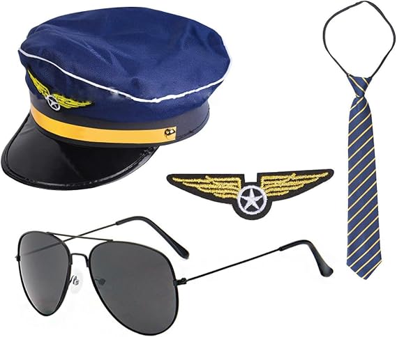 Pilot Costume Accessories Airplane Hat Captain Hat Pilot Sun Glasses Tie Dress up Accessory for Men Halloween Party Cosplay