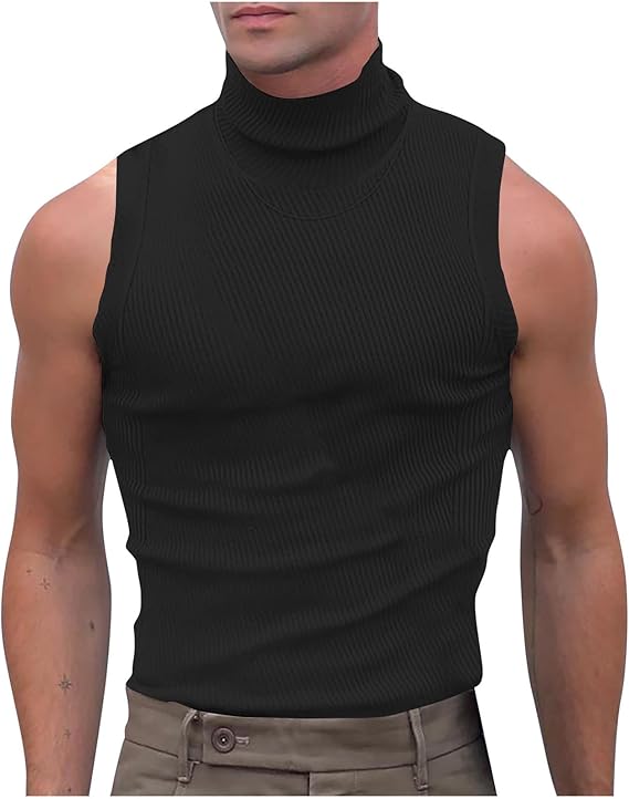 Mens Mock Turtleneck Tank Tops Knit Ribbed Solid Color Casual Sleeveless T Shirts Pullover Sweater Slim Clubwear Tee